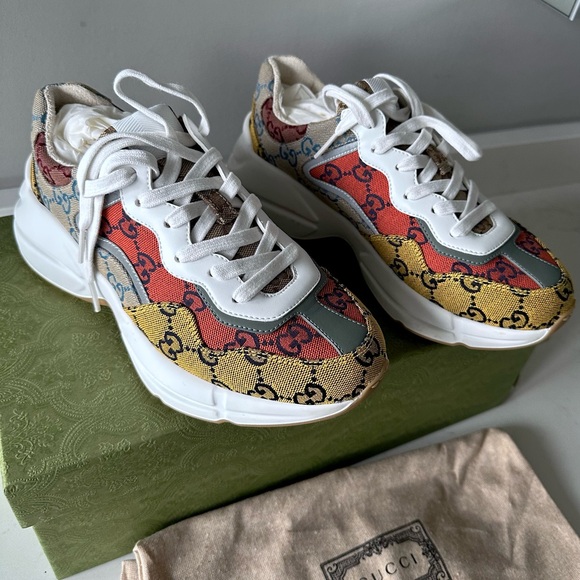 GUCCI Monogram Multicolor Demetra Women’s Rhyton Sneakers Yellow Blue Tobasco - Picture 6 of 10